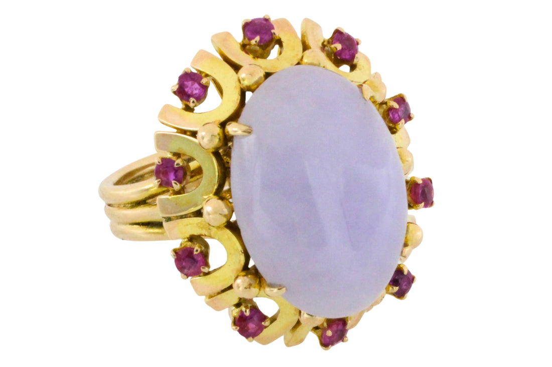 Cabochon lavender jade and ruby ring-Vintage Rings-The Antique Ring Shop