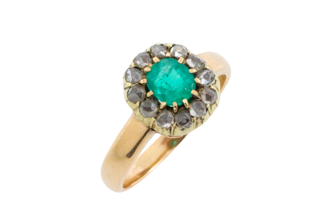 Emerald and rose diamond ring in 14 carat gold-Antique rings-The Antique Ring Shop