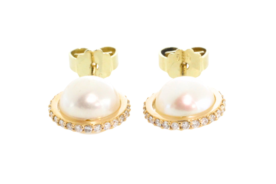 Pearl studs with diamond halos-Earrings-The Antique Ring Shop