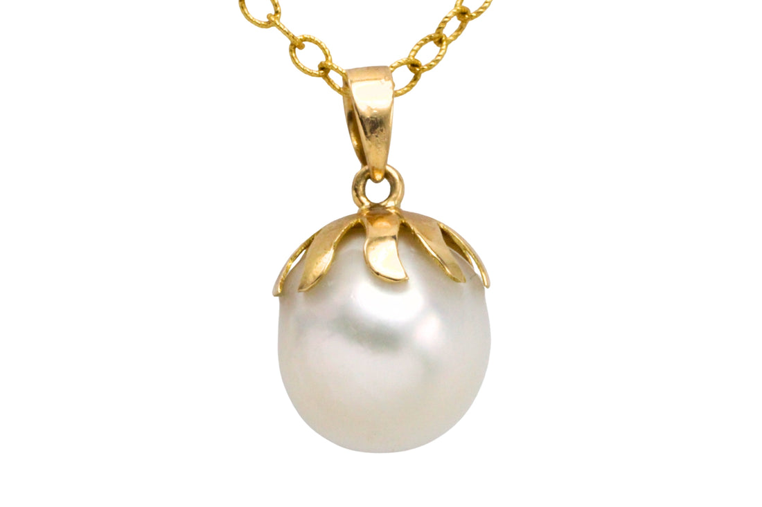 Pearl pendant and chain in 14 carat gold-Pendants-The Antique Ring Shop
