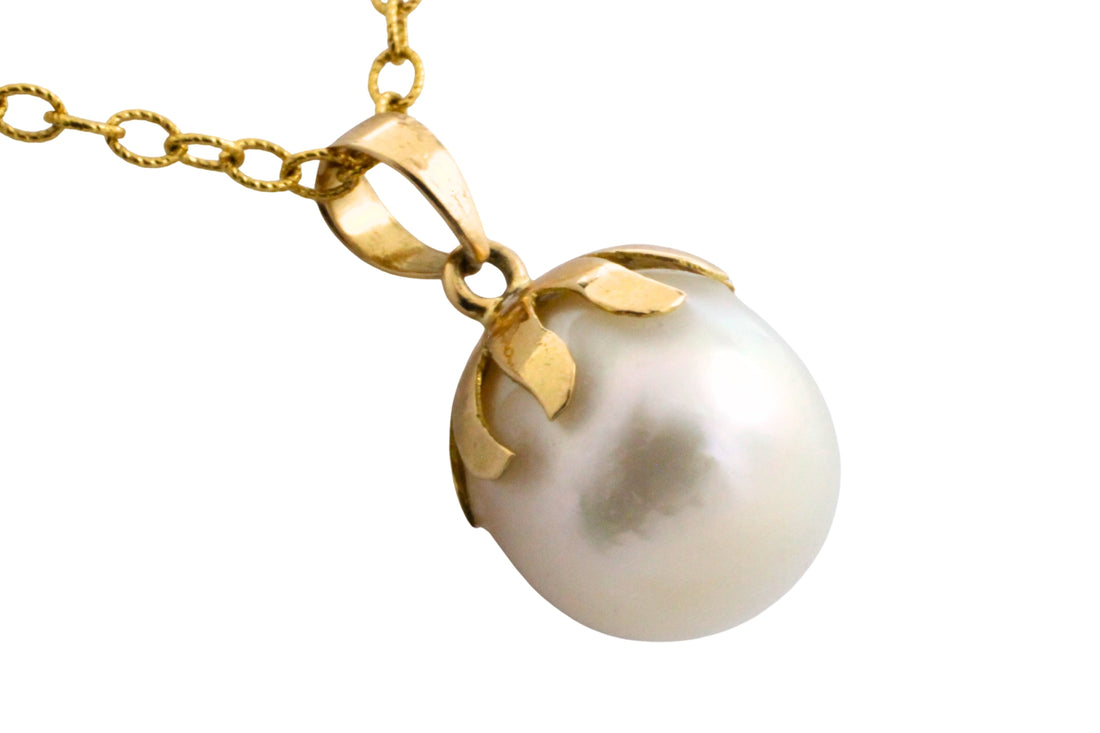 Pearl pendant and chain in 14 carat gold-Pendants-The Antique Ring Shop