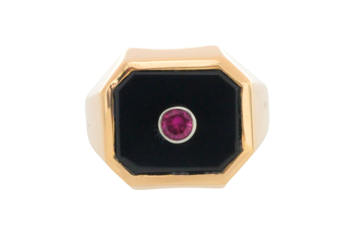 Onyx and ruby signet ring in 18 carat gold-gents rings-The Antique Ring Shop