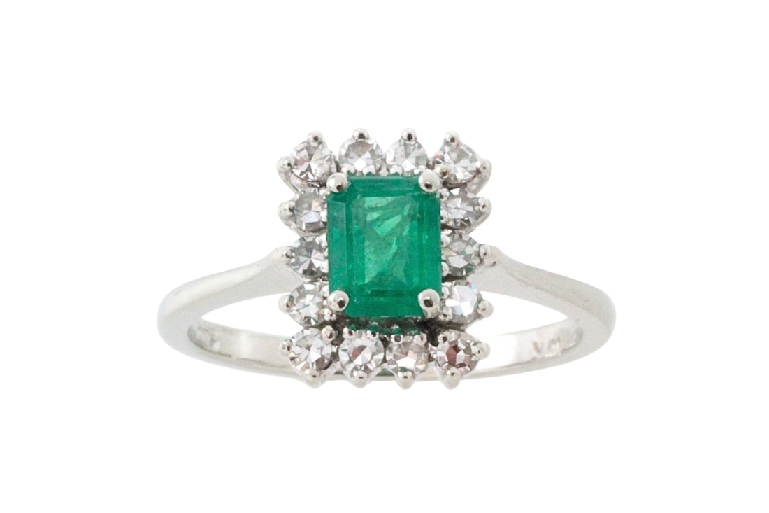 Emerald and diamond white gold ring-engagement rings-The Antique Ring Shop
