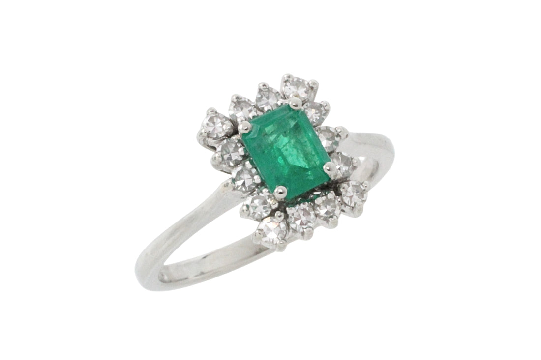 Emerald and diamond white gold ring-engagement rings-The Antique Ring Shop