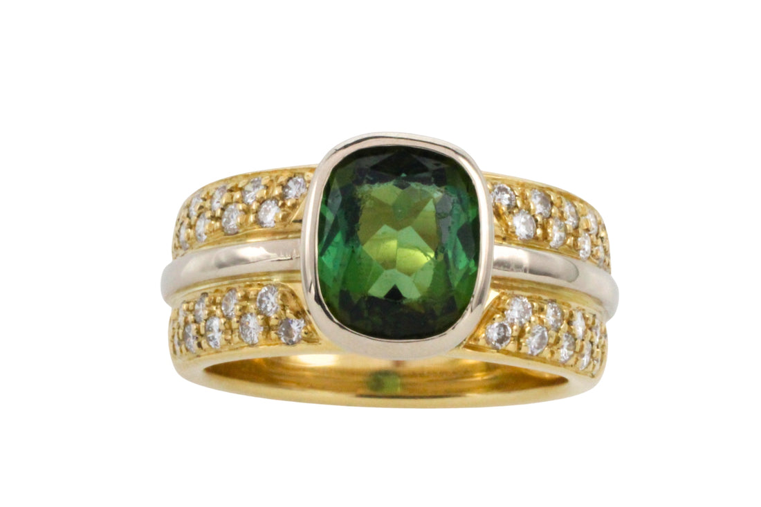Chrome diopside and diamond ring in 18 carat gold-Vintage Rings-The Antique Ring Shop