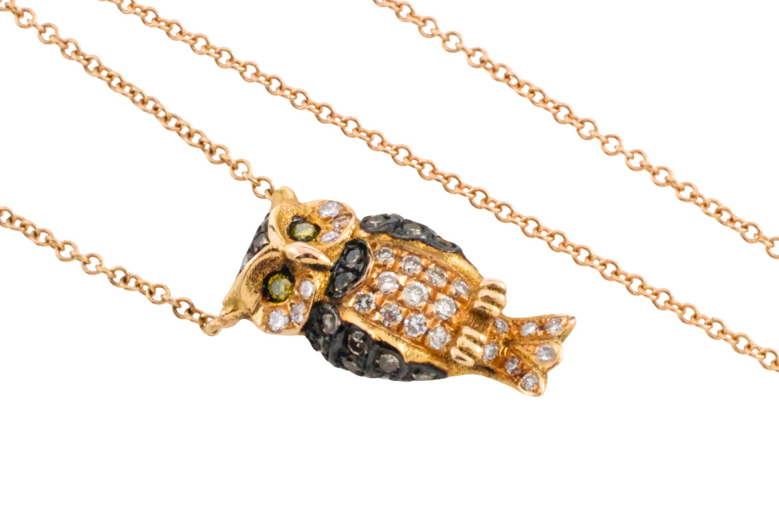 Diamond owl pendant in 18 carat rose gold-Pendants-The Antique Ring Shop