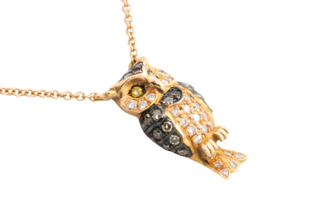 Diamond owl pendant in 18 carat rose gold-Pendants-The Antique Ring Shop