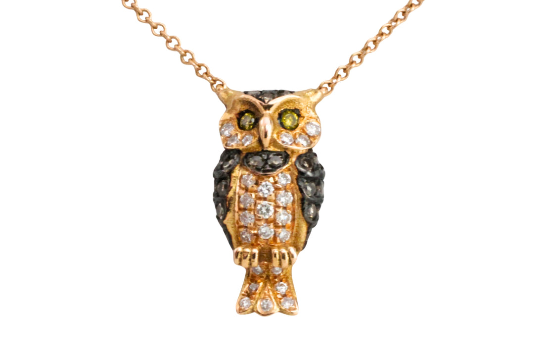 Diamond owl pendant in 18 carat rose gold-Pendants-The Antique Ring Shop