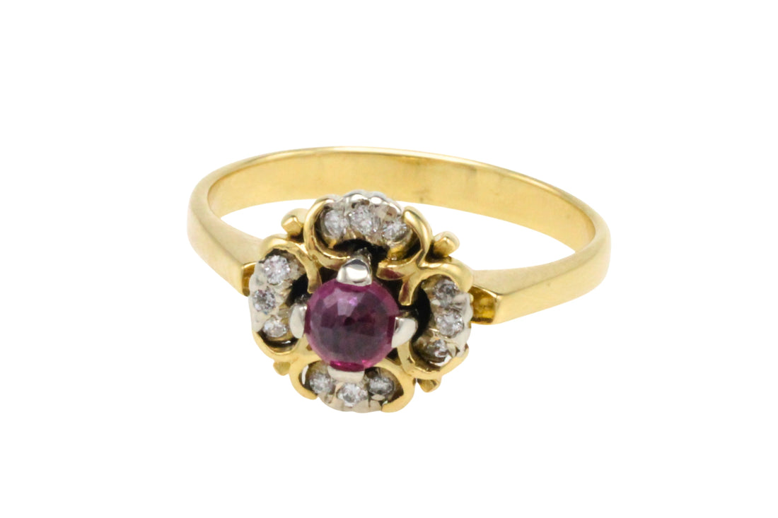 Ruby and diamond cluster ring in 18 carat gold-Vintage Rings-The Antique Ring Shop