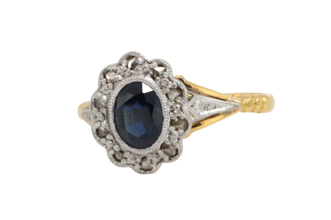 Vintage sapphire and rose diamond ring in 18 carat gold and platinum-engagement rings-The Antique Ring Shop