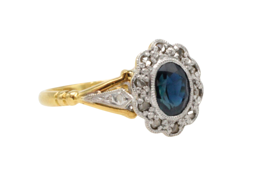 Vintage sapphire and rose diamond ring in 18 carat gold and platinum-engagement rings-The Antique Ring Shop