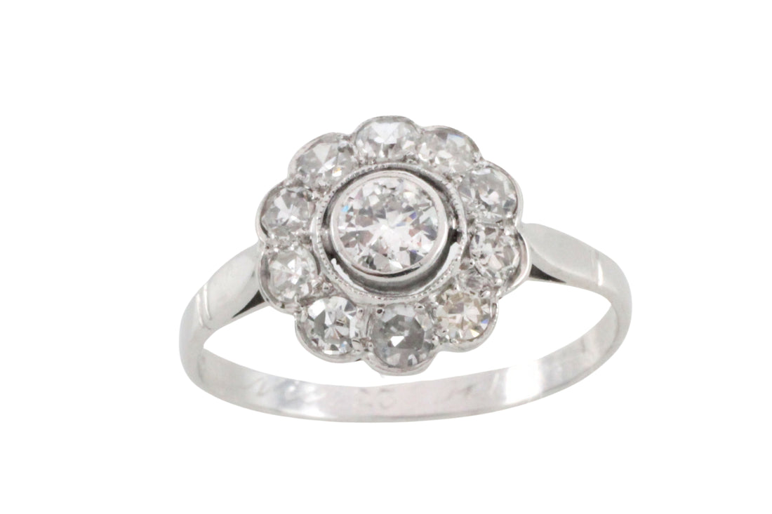 Old cut diamond cluster ring iin white gold-engagement rings-The Antique Ring Shop