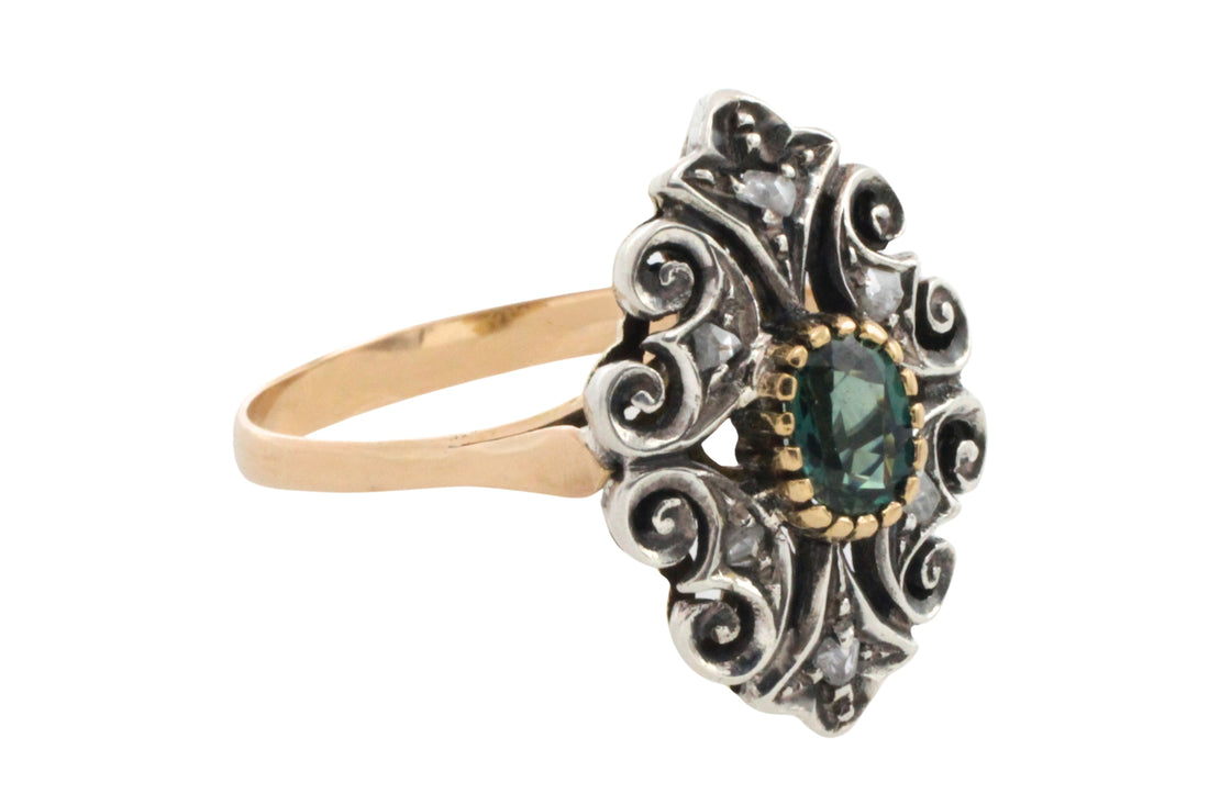 Sapphire and rose diamond ring in silver and gold