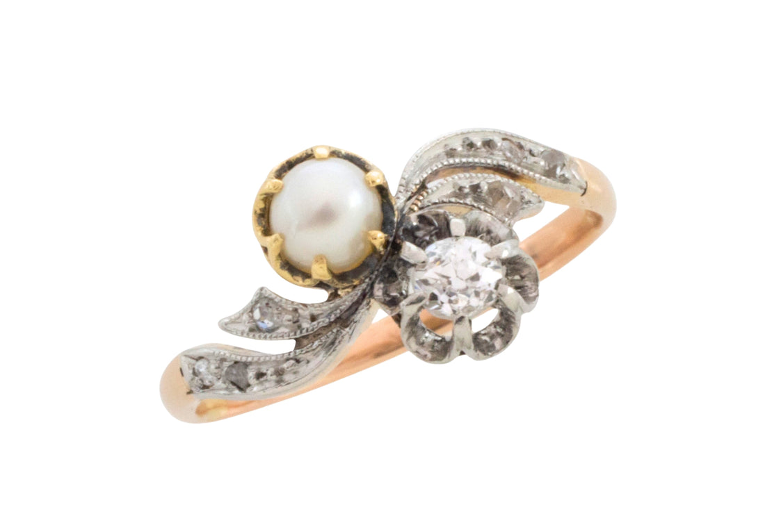 Pearl and diamond Toi et Moi ring in 18 carat gold-Antique rings-The Antique Ring Shop