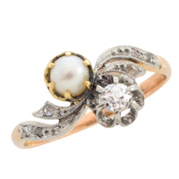 Pearl and diamond Toi et Moi ring in 18 carat gold-Antique rings-The Antique Ring Shop