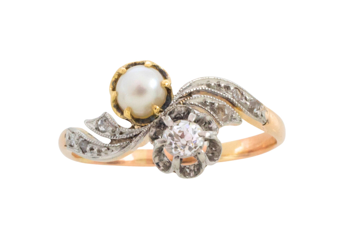 Pearl and diamond Toi et Moi ring in 18 carat gold-Antique rings-The Antique Ring Shop