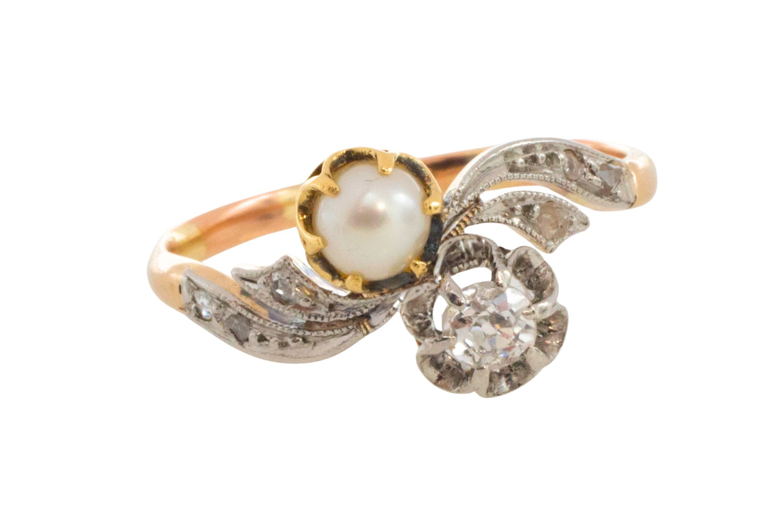 Pearl and diamond Toi et Moi ring in 18 carat gold-Antique rings-The Antique Ring Shop