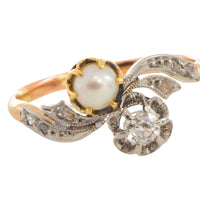 Pearl and diamond Toi et Moi ring in 18 carat gold-Antique rings-The Antique Ring Shop