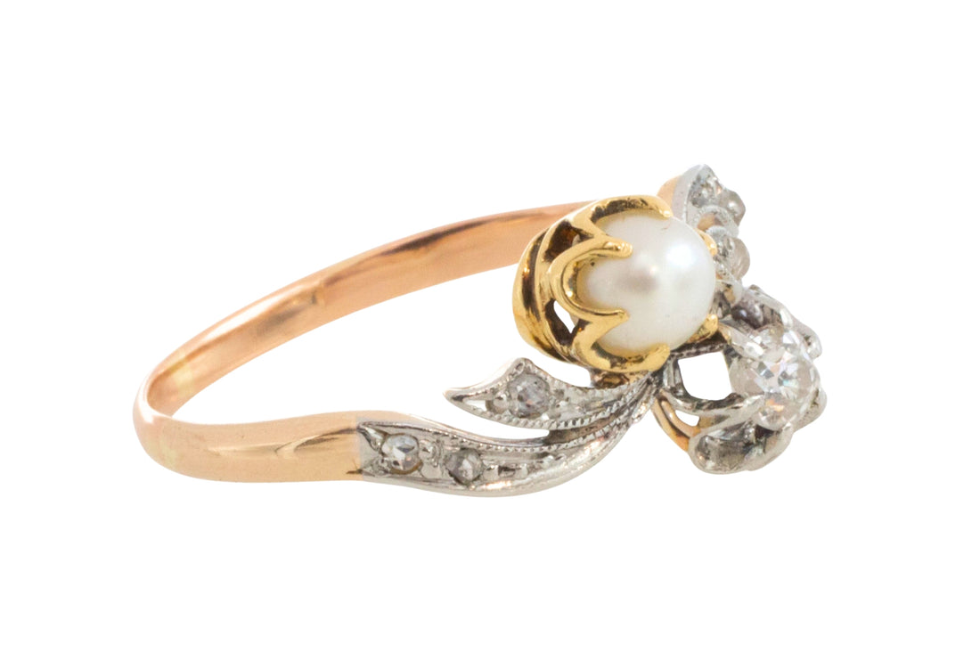 Pearl and diamond Toi et Moi ring in 18 carat gold-Antique rings-The Antique Ring Shop
