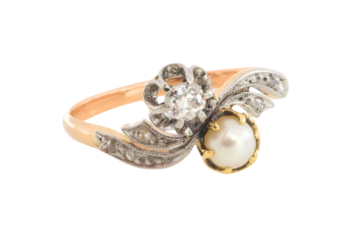 Pearl and diamond Toi et Moi ring in 18 carat gold-Antique rings-The Antique Ring Shop