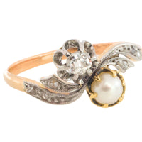 Pearl and diamond Toi et Moi ring in 18 carat gold-Antique rings-The Antique Ring Shop