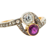 Ruby and diamond Toi et Moi ring
