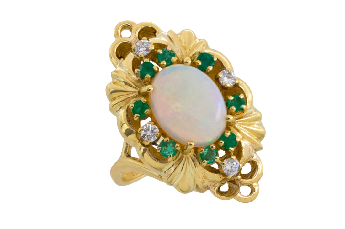 Opal emerald and diamond marquise ring