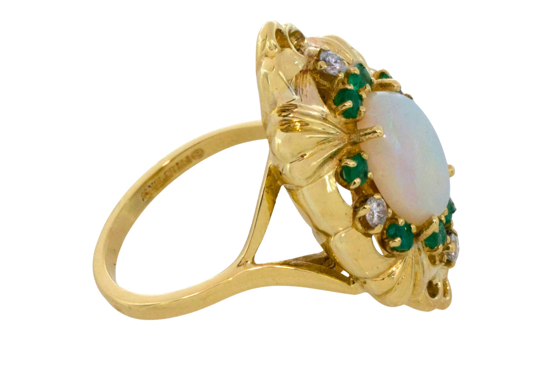 Opal emerald and diamond marquise ring