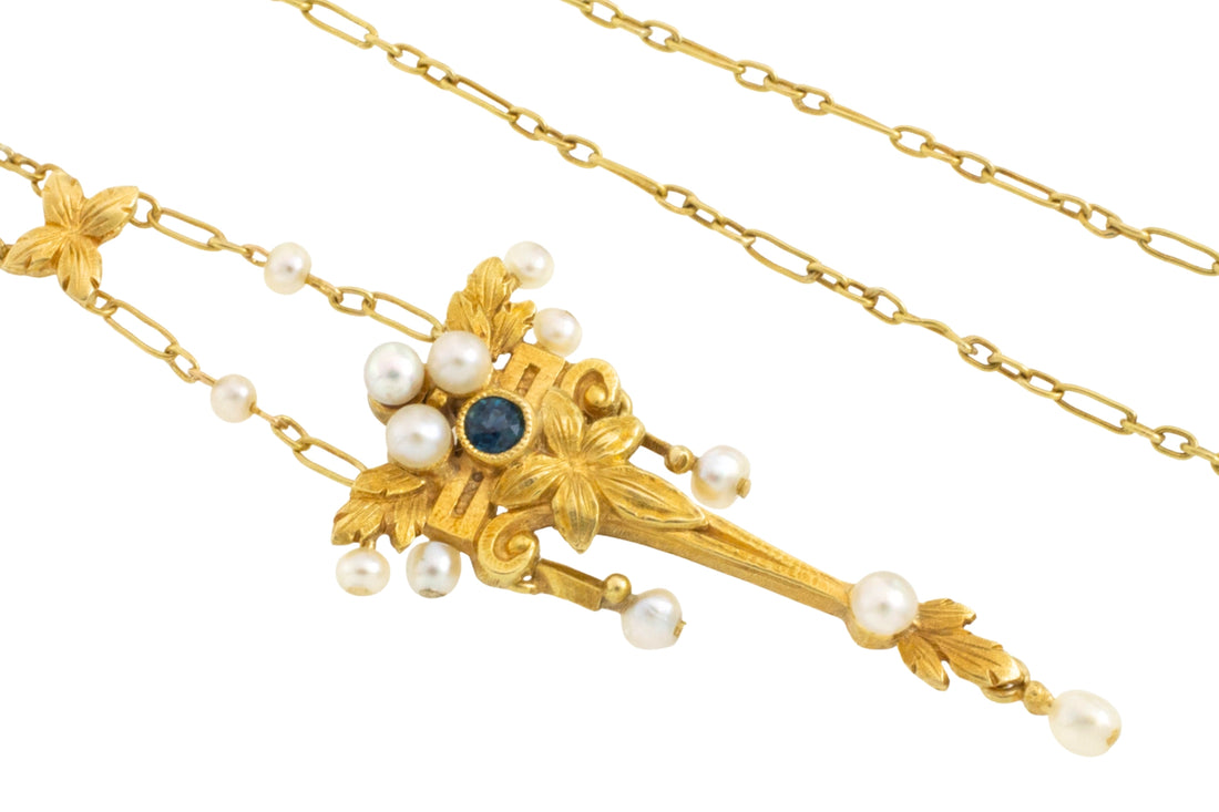 Art Nouvea pendant with pearls and sapphire-Pendants-The Antique Ring Shop