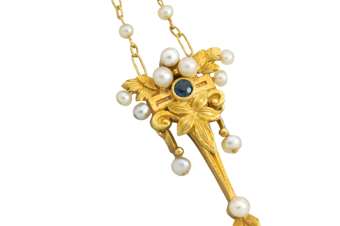 Art Nouvea pendant with pearls and sapphire-Pendants-The Antique Ring Shop