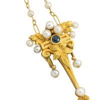 Art Nouvea pendant with pearls and sapphire-Pendants-The Antique Ring Shop