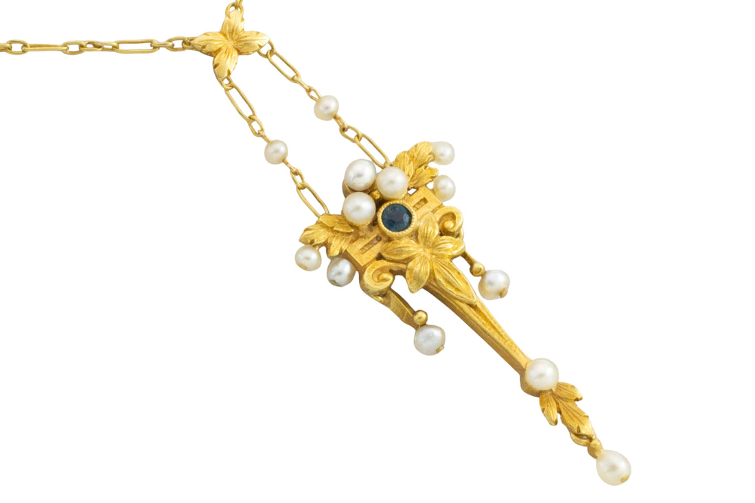 Art Nouvea pendant with pearls and sapphire-Pendants-The Antique Ring Shop