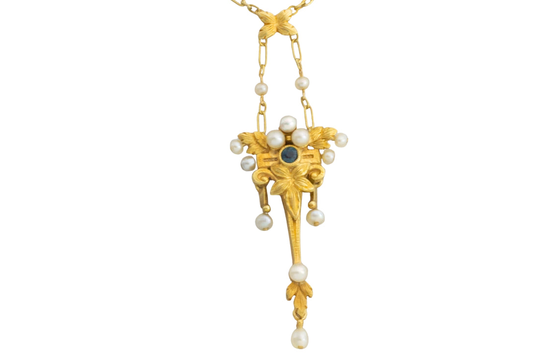 Art Nouvea pendant with pearls and sapphire-Pendants-The Antique Ring Shop