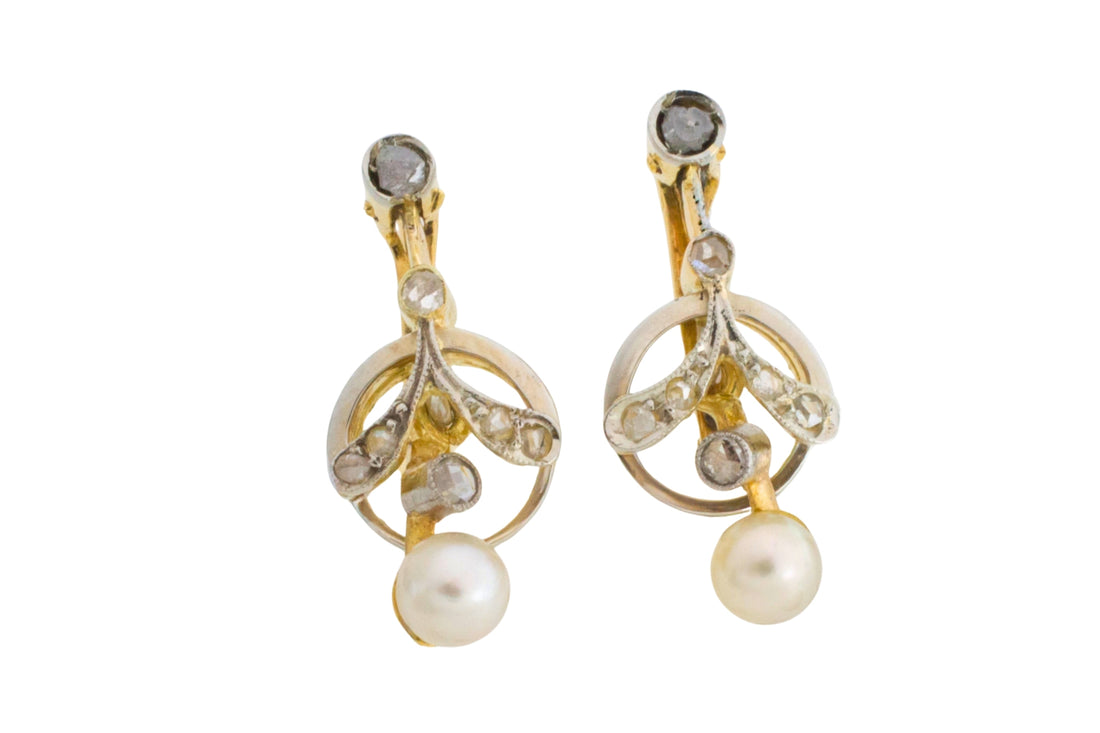 Pearl and rose diamond earrings in 18 carat gold