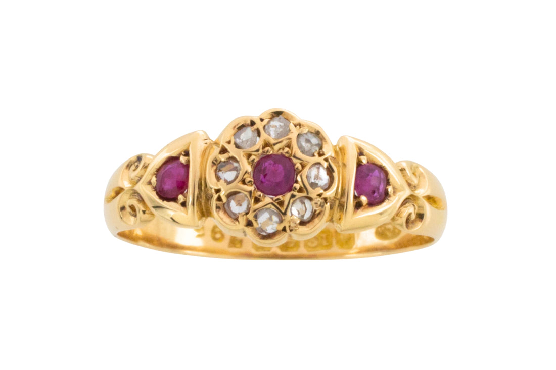 Edwardian ruby and rose cut diamond cluster ring from 1906