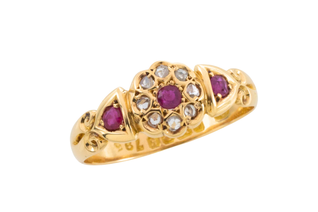 Edwardian ruby and rose cut diamond cluster ring from 1906