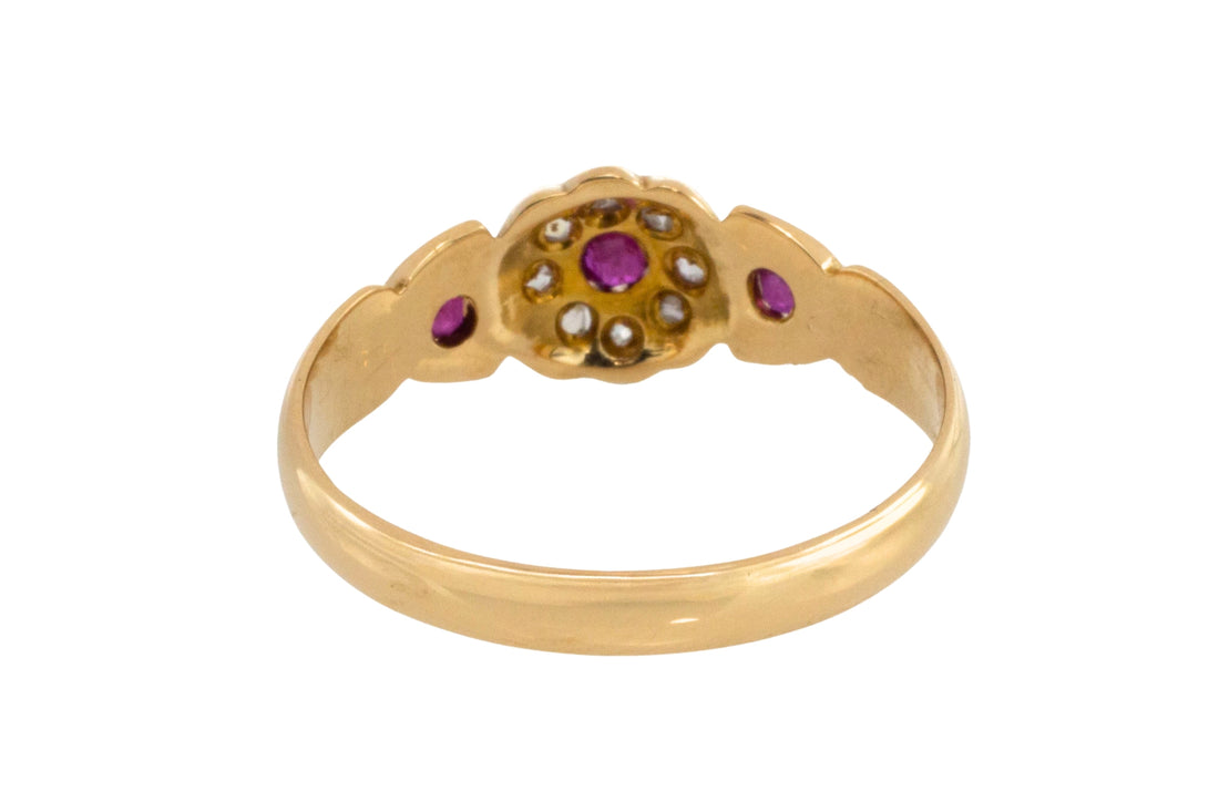 Edwardian ruby and rose cut diamond cluster ring from 1906