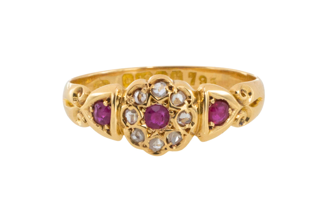 Edwardian ruby and rose cut diamond cluster ring from 1906