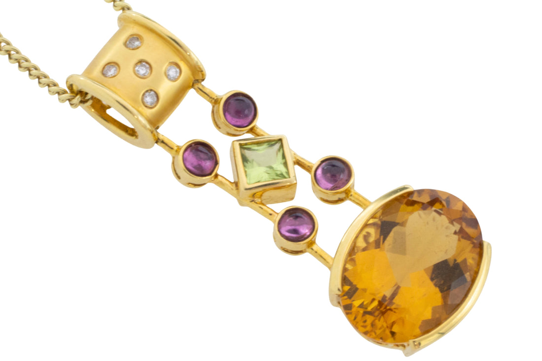 Gold pendant with citrine amethyst peridot and diamonds