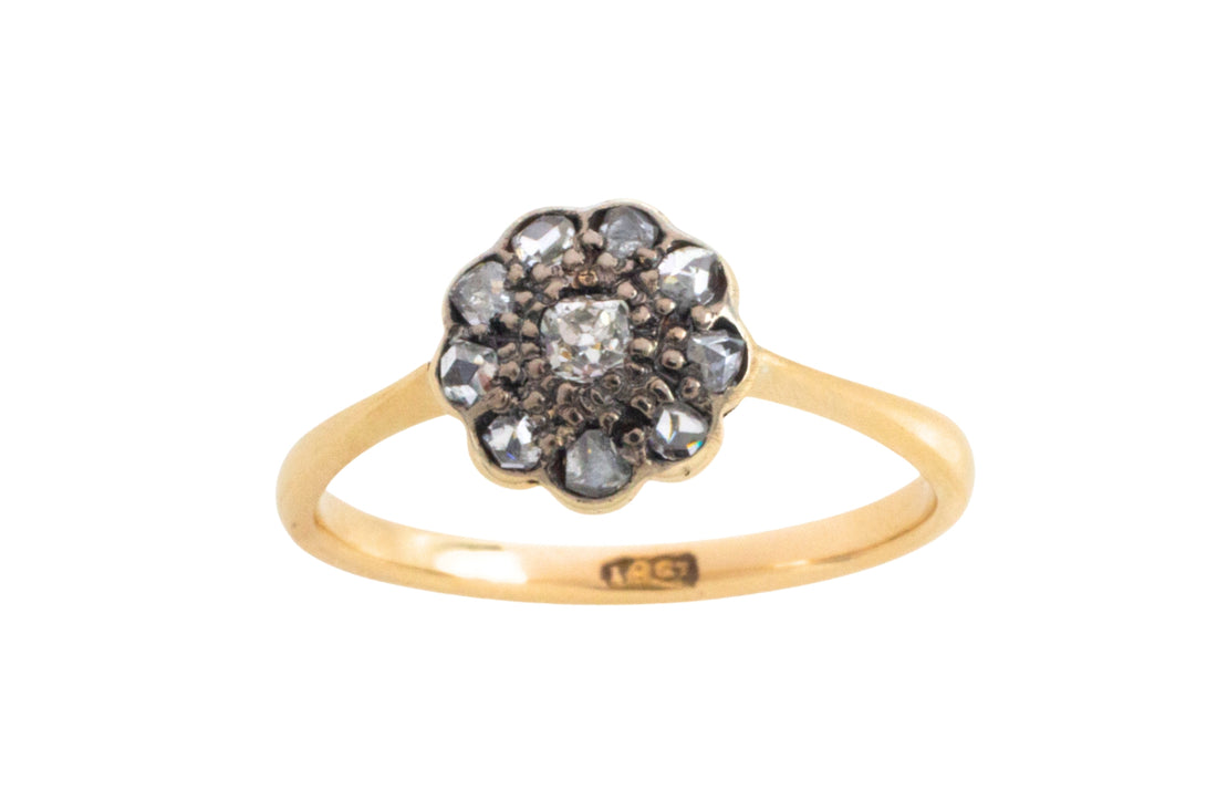 Edwardian old cut and rose cut diamond cluster ring