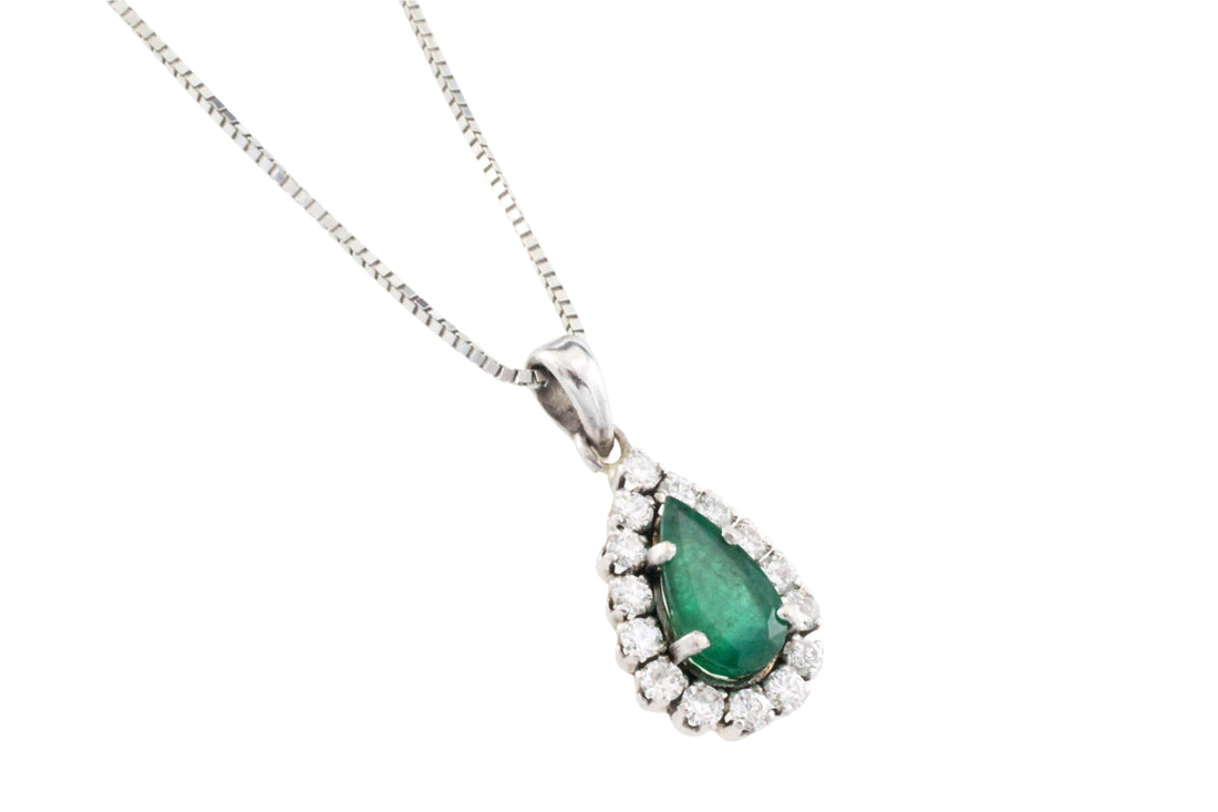 White gold emerald and diamond pendant
