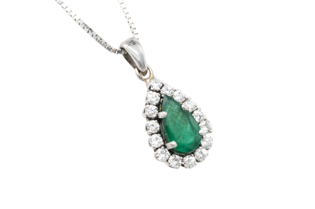 White gold emerald and diamond pendant