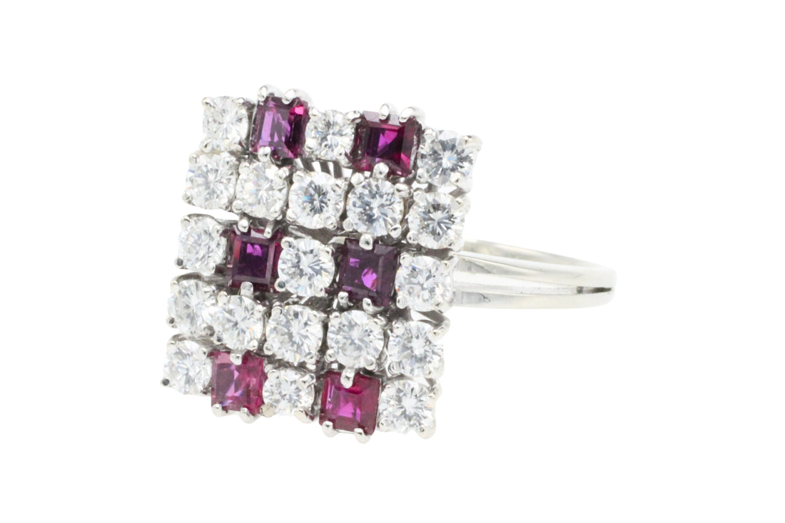 Vintage ruby and diamond ring in white gold