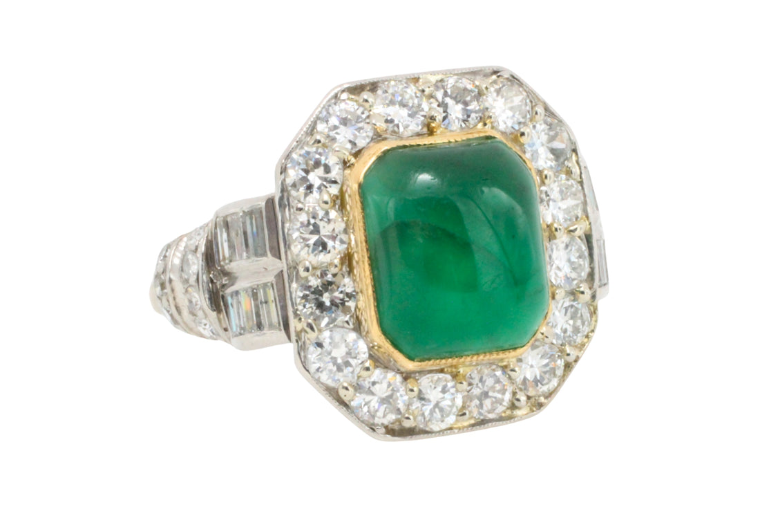 Vintage cabochon emerald and diamond ring in 18 carat gold