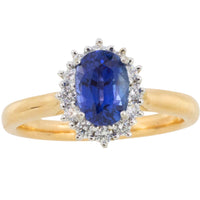 Saffier en diamanten cluster ring van 18 karaat goud