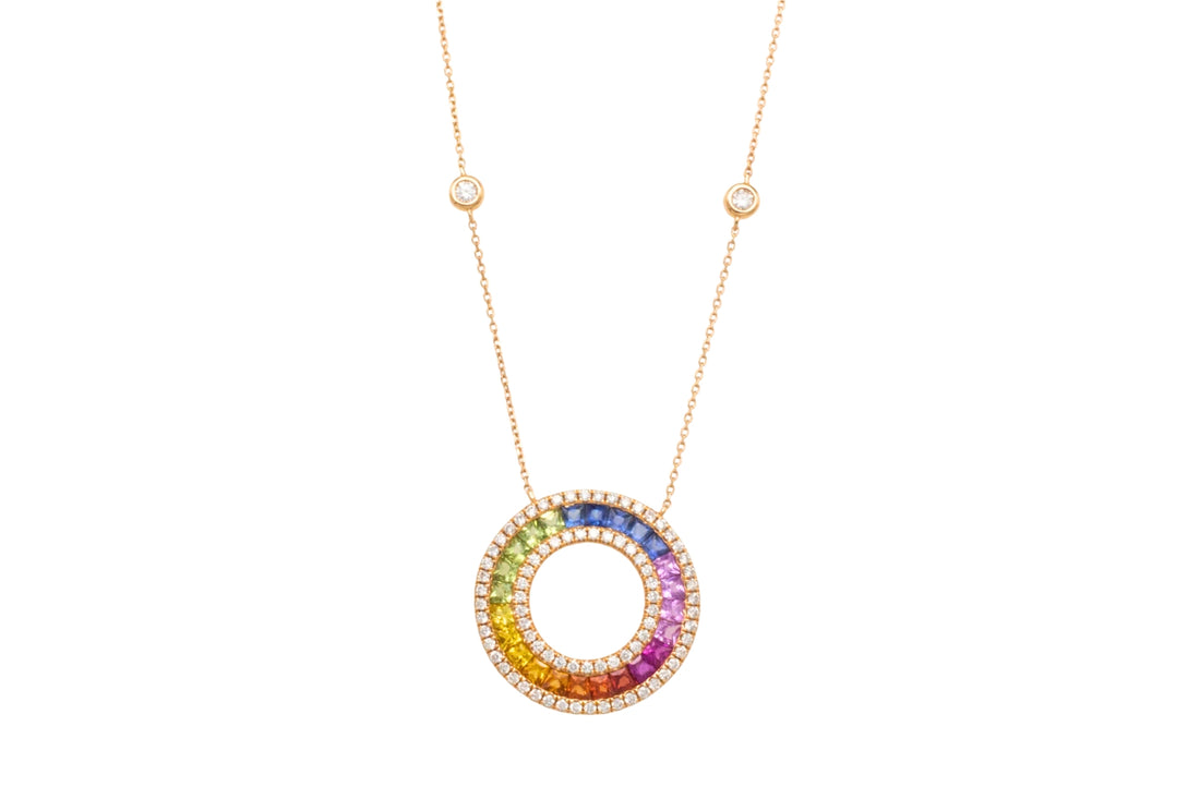 Multi colored carre cut sapphire and diamond pendant