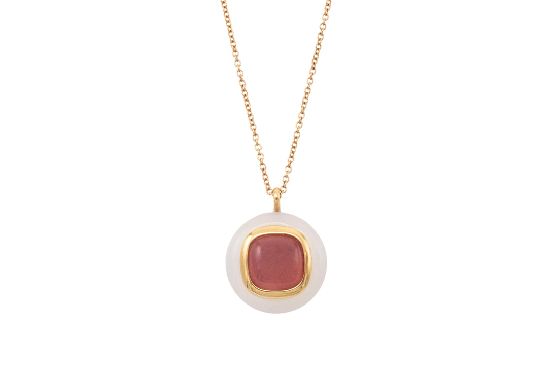 Rhodochrosite and agate pendant in 18 carat gold