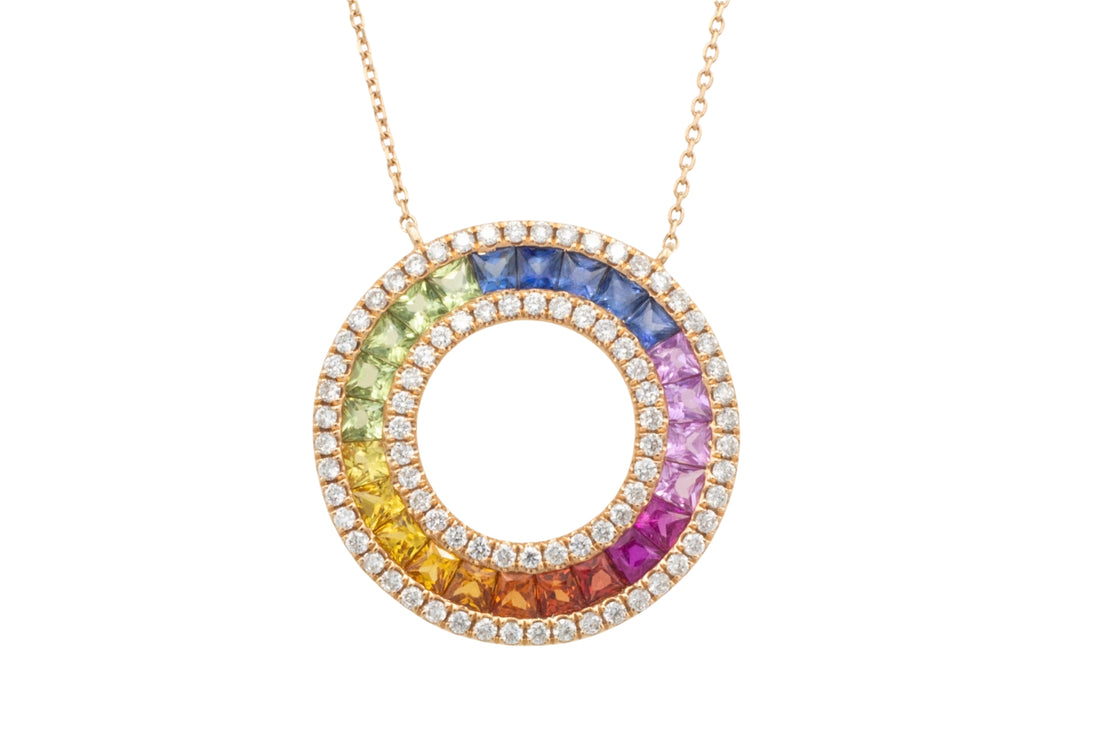 Multi colored carre cut sapphire and diamond pendant-The Antique Ring Shop
