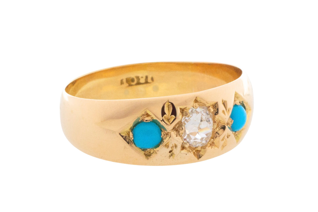 Victorian old cut diamond and turquoise gypsy ring