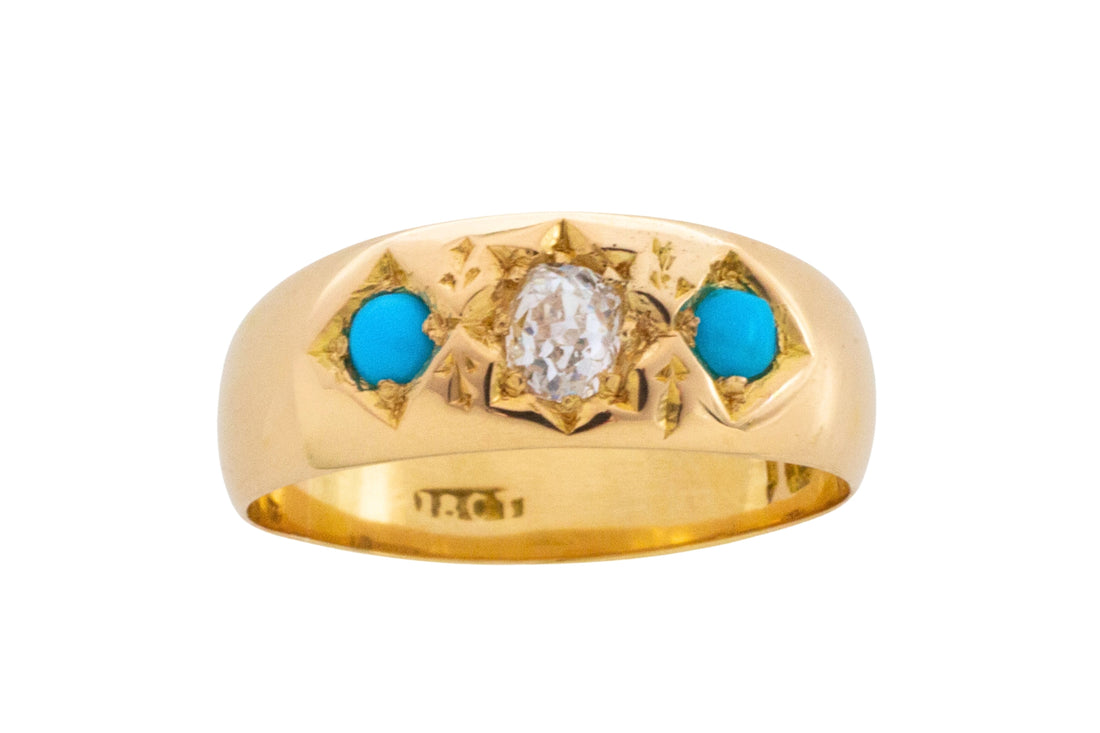 Victorian old cut diamond and turquoise gypsy ring